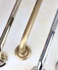 Assorted shower grab bars including the Textured Shower Grab Bar 16 Inch Bathroom Support Rail with Polished Brass Finish