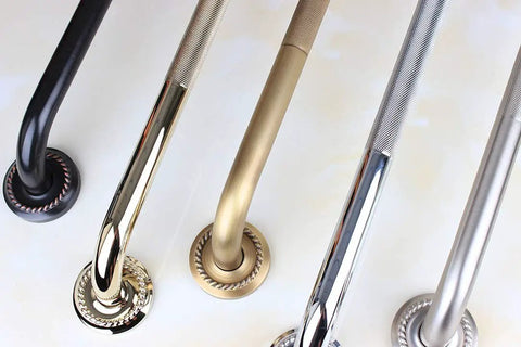 Assorted shower grab bars including the Textured Shower Grab Bar 16 Inch Bathroom Support Rail with Polished Brass Finish