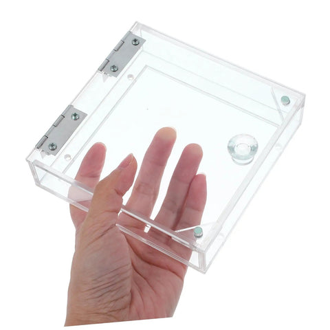 Hand holding Emergency Stop Button Pro Grade Protective Cover In Transparent Acrylic For Dust And Debris Protection Easy Install Shield.
