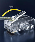 100 Pack RJ45 Cat6 Pass Through Connectors For Solid Or Stranded UTP Cable, Modular Plugs, Easy Crimp Termination, Supports 24 To 26 AWG And Up To 6.1mm OD, Pro Grade For Home Office Networking And DIY Cabling; clear 180° pass-through plug