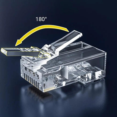100 Pack RJ45 Cat6 Pass Through Connectors For Solid Or Stranded UTP Cable, Modular Plugs, Easy Crimp Termination, Supports 24 To 26 AWG And Up To 6.1mm OD, Pro Grade For Home Office Networking And DIY Cabling; clear 180° pass-through plug