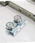 Heavy Duty Sliding Door Roller Wheels For Barn And Cabinet Doors, U Type Track Pulley System, shown with dual metal wheels.