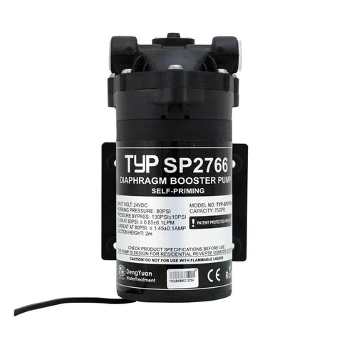75 GPD Self Priming RO Water Booster Pump for Zero Pressure Reverse Osmosis on a backdrop, highlighting the motor and design.