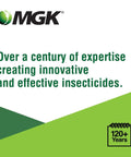 MGK logo with text stating over a century of expertise in creating innovative and effective insecticides, 120+ years badge