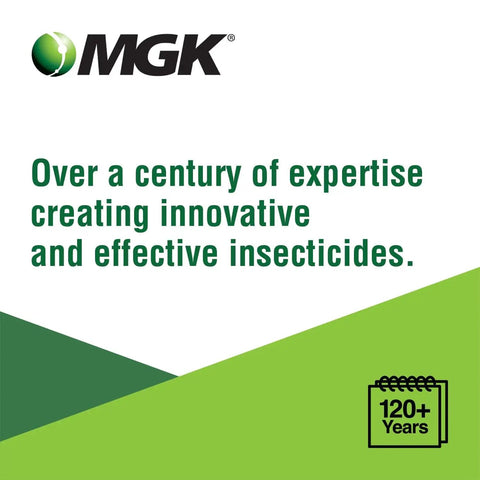 MGK logo with text stating over a century of expertise in creating innovative and effective insecticides, 120+ years badge