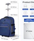 DEVPNR dark blue rolling backpack with wheels and telescoping handle, 17-inch laptop travel bag with multiple zip pockets