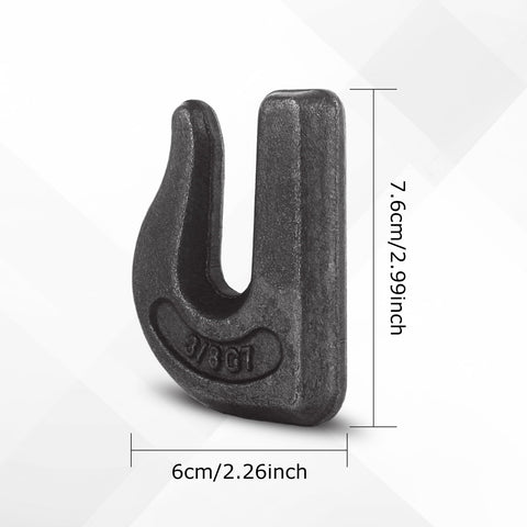 10 Piece Go-To Weld On Chain Grab Hook Set 3/8 Inch Grade 70 forged steel hook with dimensions in cm and inches.