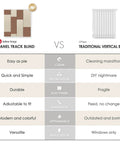 Comparison chart of panel track blinds vs traditional vertical blinds, highlighting ease of use and modern appearance.