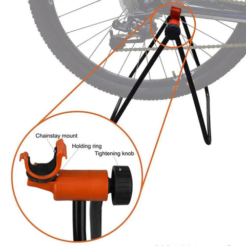 Close-up of a Foldable Bike Repair Stand Aluminum Adjustable Height Portable Floor Bike Holder showing clamp and tightening knob