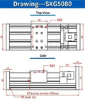 Technical drawing of Double Rail SFU Ballscrew Motion Stage With Adjustable Travel showing top and side views with measurements.