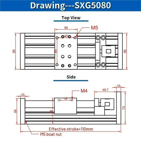Technical drawing of Double Rail SFU Ballscrew Motion Stage With Adjustable Travel showing top and side views with measurements.