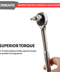 Close-up of a chrome vanadium socket wrench from 60 Piece Master Torx Bit Socket Set for Everyday Pro Jobs, One Quarter Inch Three Eighths Inch and One Half Inch Drive, S2 Steel Bits and Chrome Vanadium Sockets, E4 to E24, T6 to T70, TT6 to TT70, TP8 to TP60, Durable Heavy Duty Build.