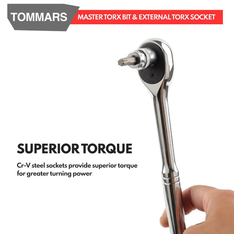 Close-up of a chrome vanadium socket wrench from 60 Piece Master Torx Bit Socket Set for Everyday Pro Jobs, One Quarter Inch Three Eighths Inch and One Half Inch Drive, S2 Steel Bits and Chrome Vanadium Sockets, E4 to E24, T6 to T70, TT6 to TT70, TP8 to TP60, Durable Heavy Duty Build.