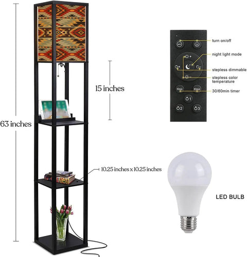 3 In 1 Corner Floor Lamp With Shelves And USB Ports Power Outlet, Navajo Geometric Southwest Print Shade, 63-inch Tall