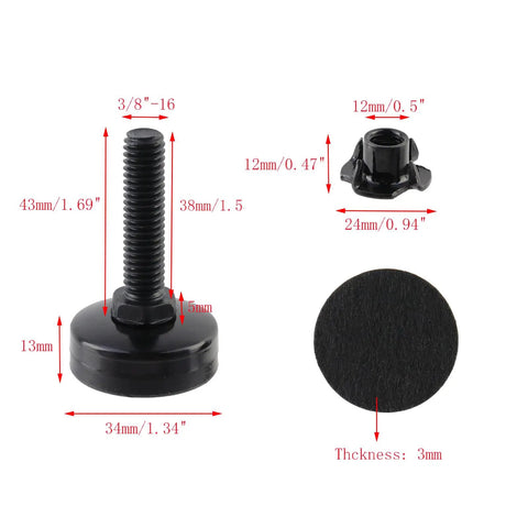Dimensions of 4 Pack Adjustable Furniture Leveling Feet Three Eighths Inch By Sixteen Thread Black Metal Leg Levelers