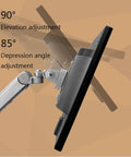 Rock Solid Dual Monitor Arms For 17 To 32 Inch Screens With Mechanical Spring Tension And Smooth Glide Aluminum Stand adjustment angles 90 degrees elevation and 85 degrees depression.