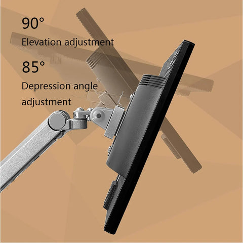 Rock Solid Dual Monitor Arms For 17 To 32 Inch Screens With Mechanical Spring Tension And Smooth Glide Aluminum Stand adjustment angles 90 degrees elevation and 85 degrees depression.
