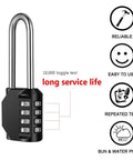 2 Pack 2.6 Inch Shackle 4 Digit Keyless Combination Locks Waterproof Outdoor Padlocks, featuring durability icons and toggle test details.