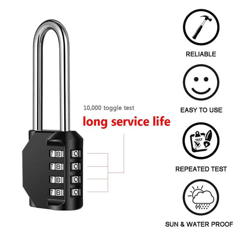 2 Pack 2.6 Inch Shackle 4 Digit Keyless Combination Locks Waterproof Outdoor Padlocks, featuring durability icons and toggle test details.