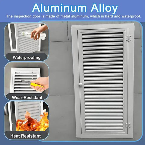 Super Large Aluminum Louvered Access Panel 47 By 45 Inches with waterproof aluminum construction and sturdy grip handle.
