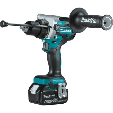 18V LXT Brushless Cordless Hammer Drill with 5.0Ah battery, side view showing handle and chuck, ideal for tough jobs.
