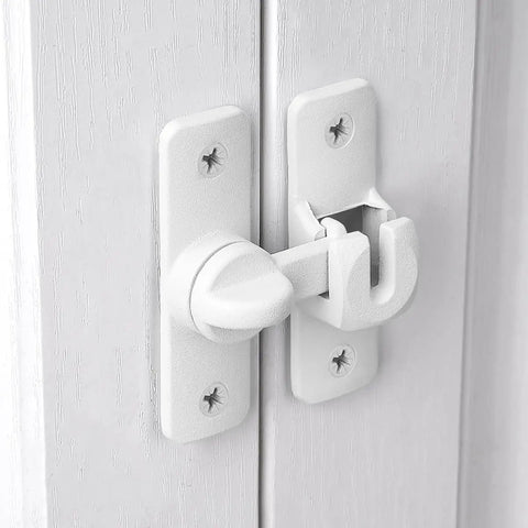 Matte White Aluminum Barn Door Latch Heavy Duty Gate Lock mounted on shed doors, showcasing secure locking mechanism and durable material.
