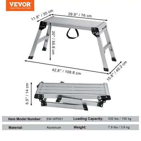 Foldable Aluminum Work Platform 30 by 12 by 20 Inches, Heavy Duty Stool Ladder With 330 Lb Load Capacity, Non Slip Feet, Perfect For Vehicle Washing, Cleaning, Painting, Decorating, And Home Projects, folded and open