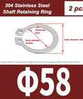 Premium Two Piece External Circlips Made From Solid 304 Stainless Steel Retaining Rings For Cars And Bearings Fit Shafts From 55 To 62mm, 63mm outer diameter.