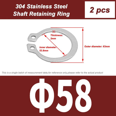 Premium Two Piece External Circlips Made From Solid 304 Stainless Steel Retaining Rings For Cars And Bearings Fit Shafts From 55 To 62mm, 63mm outer diameter.