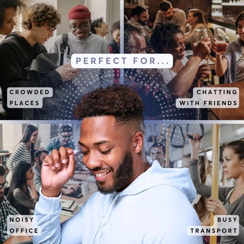Person using Calmer Noise Reducing Ear Plugs Alternative For Stress Free Focus And Travel, Silicone Reusable Ear Plugs For Noise Sensitivity in busy environments like offices and public transport.