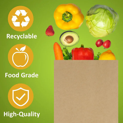 Brown Kraft bag with colorful vegetables and icons, highlighting recyclable, food-grade, and high-quality features.