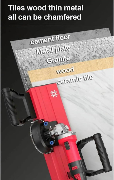 Pro Level Electric Tile Chamfer Machine With Straight 45 Degree Bevel Trim showing ceramic and wood material samples.
