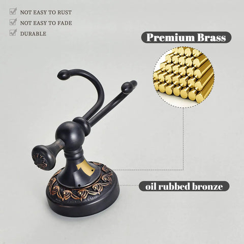 Oil Rubbed Bronze Towel Hooks Set, Antique Brass Robe Hooks, Double Coat Hanger For Bathroom Built To Last, Heavy Duty Wall Mount With Round Floral Base with brass details on white background