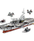 8 In 1 WW2 Aircraft Carrier Building Set With Helicopter And Boat Epic Naval Battleship Toy displayed with assembled model