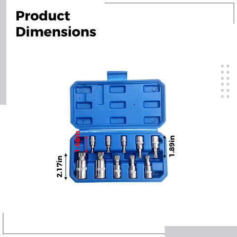 Ten Piece Spline Socket Bit Set For Auto And Garage Work, M Type 12 Point Polydrive Drive Sockets M4 To M18 in blue case