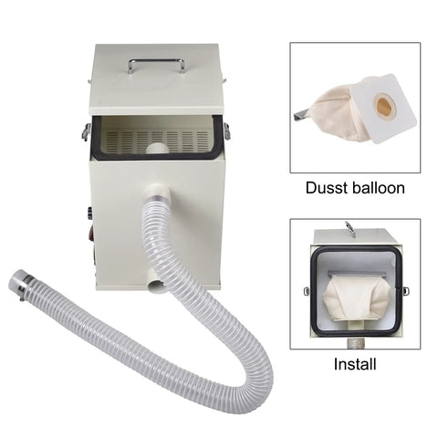 Straight Up Powerhouse 1000W Dental Dust Extractor With Pretty Dang Quiet Motor showcasing dust collection system and hose for clinics.