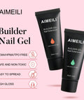 AIMEILI Builder Gel Nail Extension, two tubes, 30ml each, HEMA/HPMA/TPO free, against pink background with benefits listed.