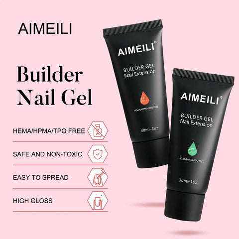 AIMEILI Builder Gel Nail Extension, two tubes, 30ml each, HEMA/HPMA/TPO free, against pink background with benefits listed.