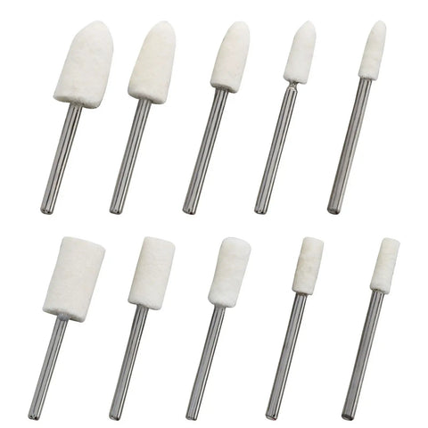 100 Pcs Wool Felt Polishing Bits Set With One Eighth Inch Shank Cone And Cylinder Shapes displayed on white background.