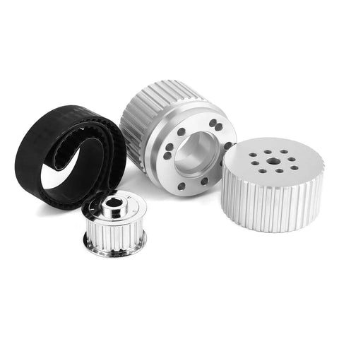 Thinking Process: aluminum alternator pulley kit with black belt and silver toothed pulleys for 351C engine