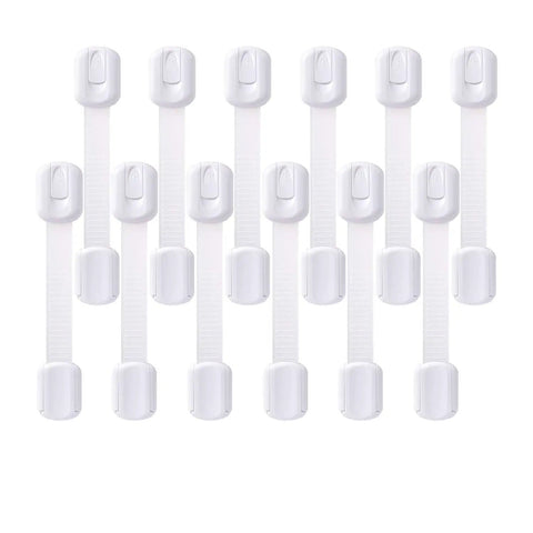 12 Pack Multi Use Adhesive Strap Locks For Baby Proofing Cabinets Drawers Fridge Dishwasher Toilet Seat Cupboard Oven And Trash Can No Drilling Easy Install Kid Safe, arranged in two rows on a white background
