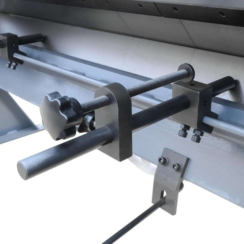 Close-up of adjustable rear stop on Ultra 24 Inch Box And Pan Brake with 3 segment movable fingers for complex sheet metal bends.
