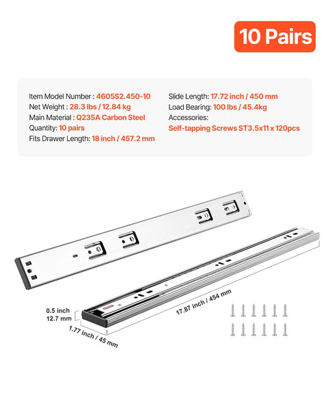 Beefy Heavy Duty Soft Close Drawer Slides Set For Cabinets, 10 Pairs 18 Inch Ball Bearing Full Extension Side Mount Rails