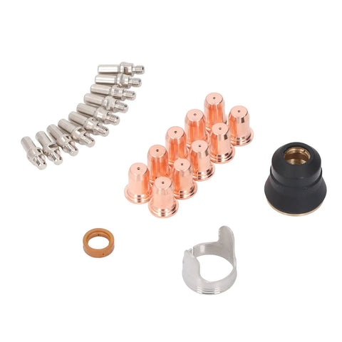 Plasma Cutter Consumables Kit 23 Piece Set With 10 Nozzles 10 Electrodes 1 Cup 1 Bracket And Swirl visible on white background