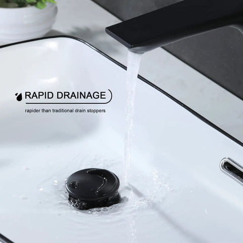 Pop Up Drain Stopper With Overflow For Bathroom Sink In Matte Black, Vessel Lavatory Vanity Drain Assembly in use, water flow