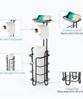 Image showing Black Free Standing Toilet Paper Holder With Shelf 2 Pack Dope Bathroom Storage Stand Holds One Roll On Arm And Two To Three Extra Rolls On Vertical Spindle with phone shelf and raised feet.