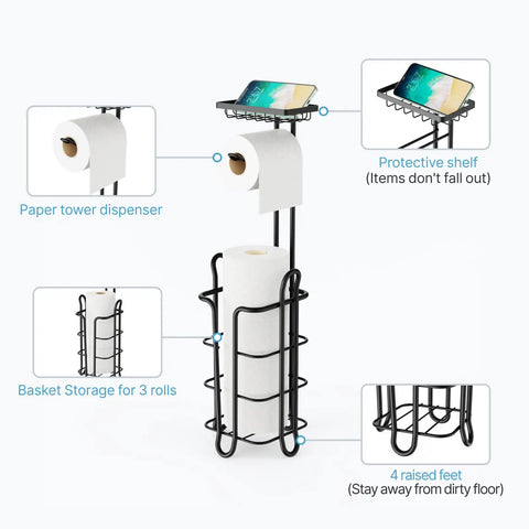Image showing Black Free Standing Toilet Paper Holder With Shelf 2 Pack Dope Bathroom Storage Stand Holds One Roll On Arm And Two To Three Extra Rolls On Vertical Spindle with phone shelf and raised feet.