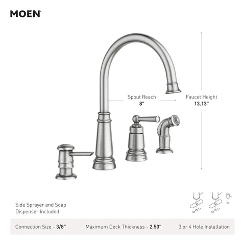 Edison One-Handle High Arc Kitchen Faucet With Side Sprayer And Soap Dispenser, 4-Hole Mount, Spot Resist Stainless Finish