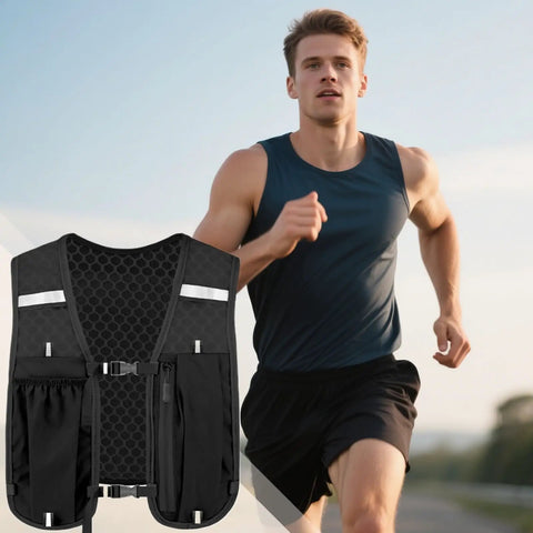Man jogging with Lightweight Hydration Vest For Runners With Adjustable Chest Straps, Stable Bladder, Breathable Mesh, Multi Pocket Pack