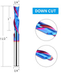 End mill router bit, downcut spiral, 1/4 in shank and 1/4 in cutting diameter, solid carbide with nano blue coating